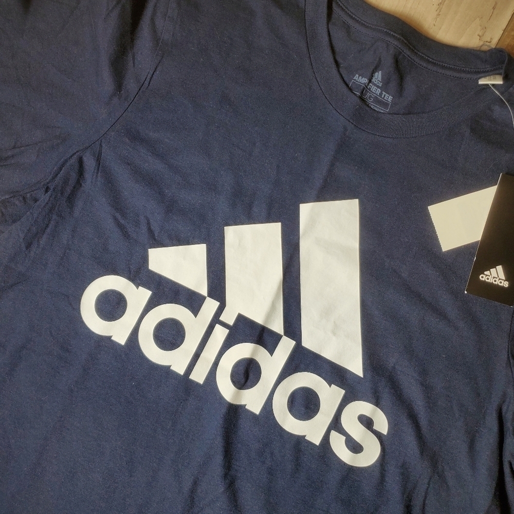NWT Adidas Amplifier Basic Bos Tee Size Large Navy Blue & White 100% Cotton - Picture 13 of 16